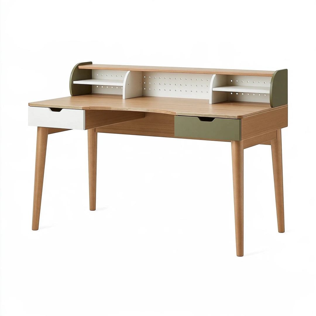 Scrivania 120 x 60 x 95 cm in legno naturale bianco e verde con cassetti mensole e pannello forato