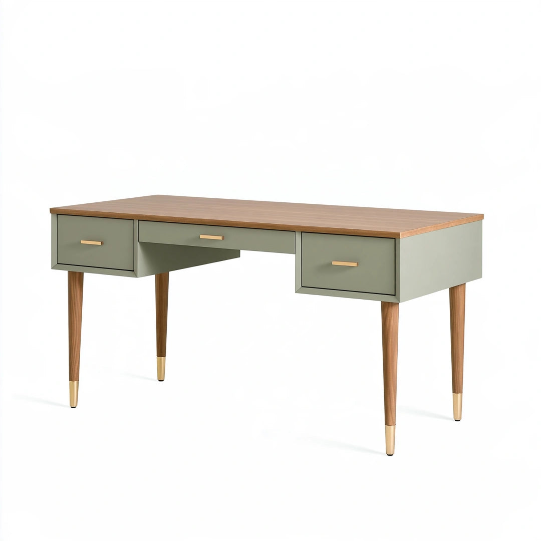 Scrivania 140 x 60 x 75 cm in legno verde salvia e noce con 3 cassetti stile moderno