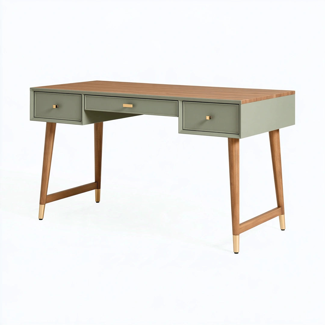 Scrivania 120 x 60 cm in legno verde salvia e naturale - 3 cassetti stile moderno