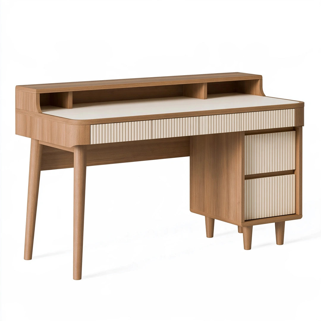 Scrivania 120 x 55 x 95 cm in pannelli effetto legno naturale e beige con cassetti e vani a giorno