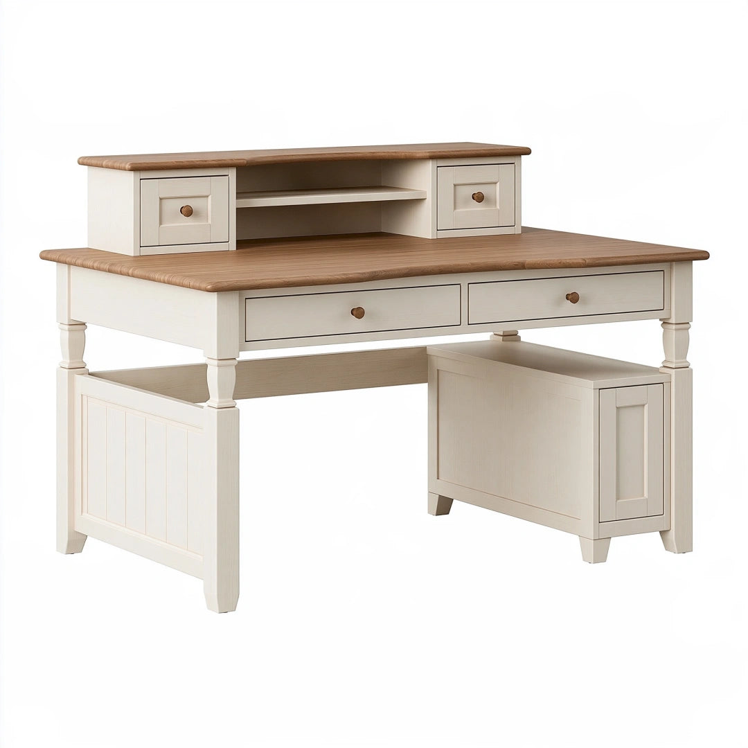 Scrivania con alzata 120 x 60 x 110 cm in legno bianco/naturale classica con cassetti