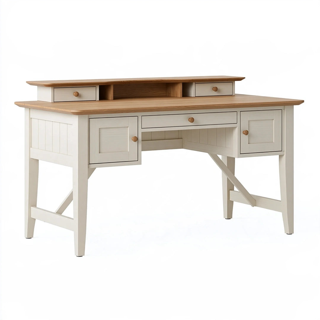 Scrivania 150x70x90 cm in legno bianco/naturale con cassetti stile country