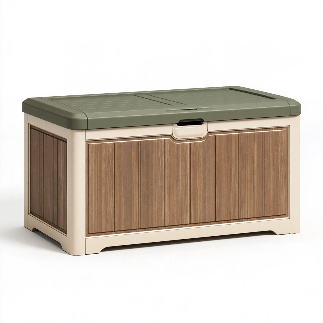 Baule contenitore da esterno 120 x 55 x 65 cm in resina beige marrone con coperchio verde salvia