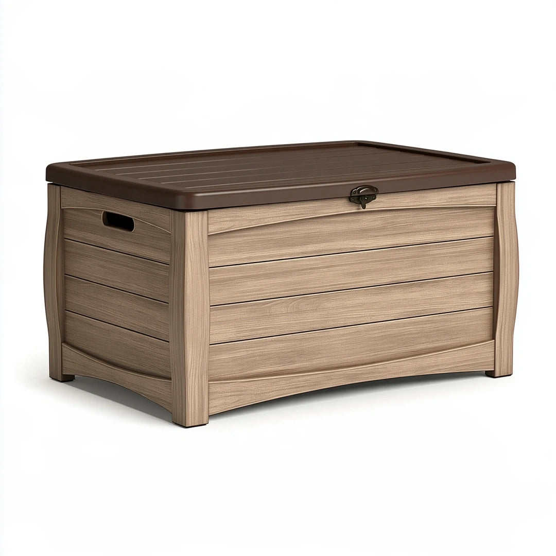 Baule contenitore da esterno 120 x 60 x 65 cm in resina marrone e tortora con coperchio