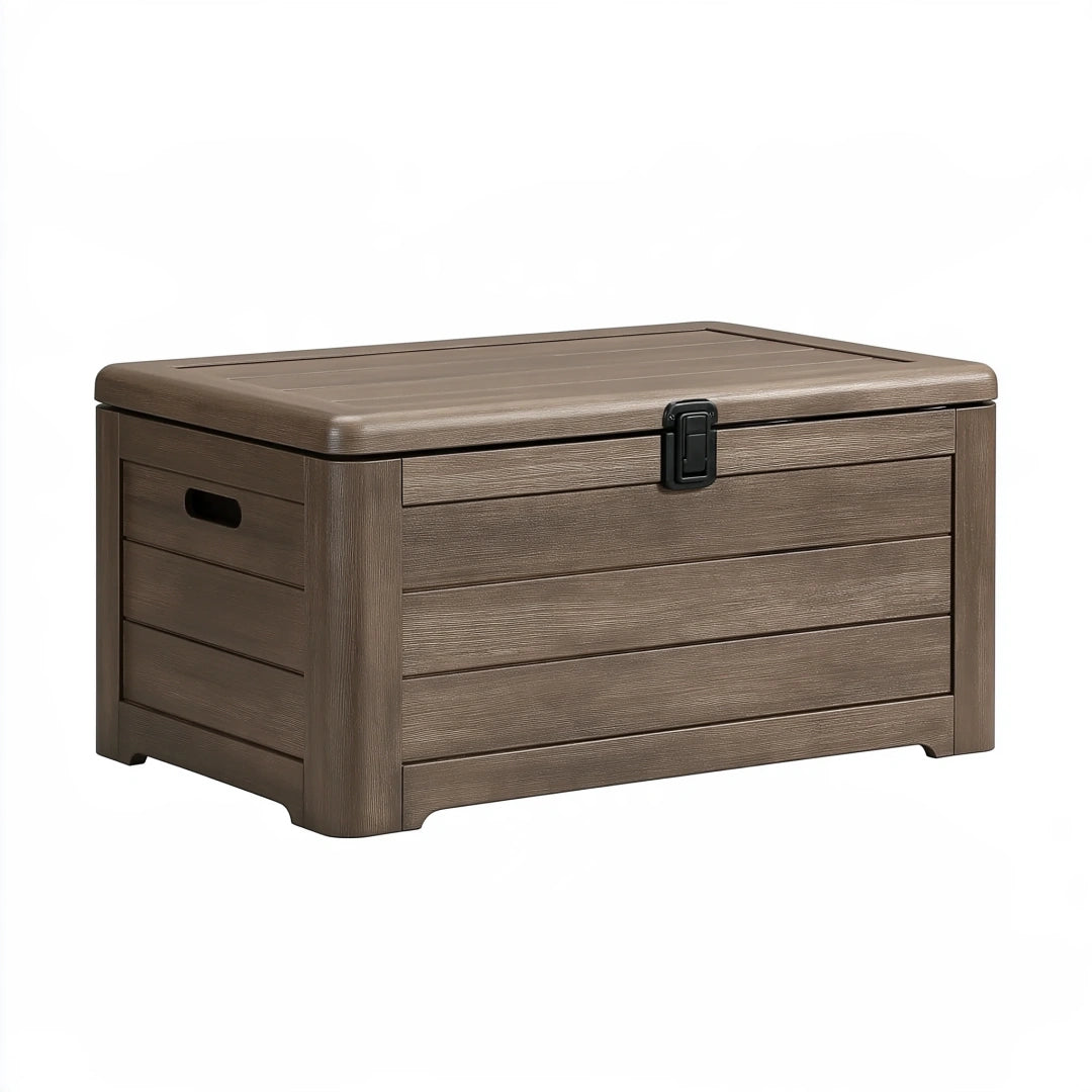 Cassapanca contenitore 120 x 55 x 60 cm in resina marrone - effetto legno con coperchio