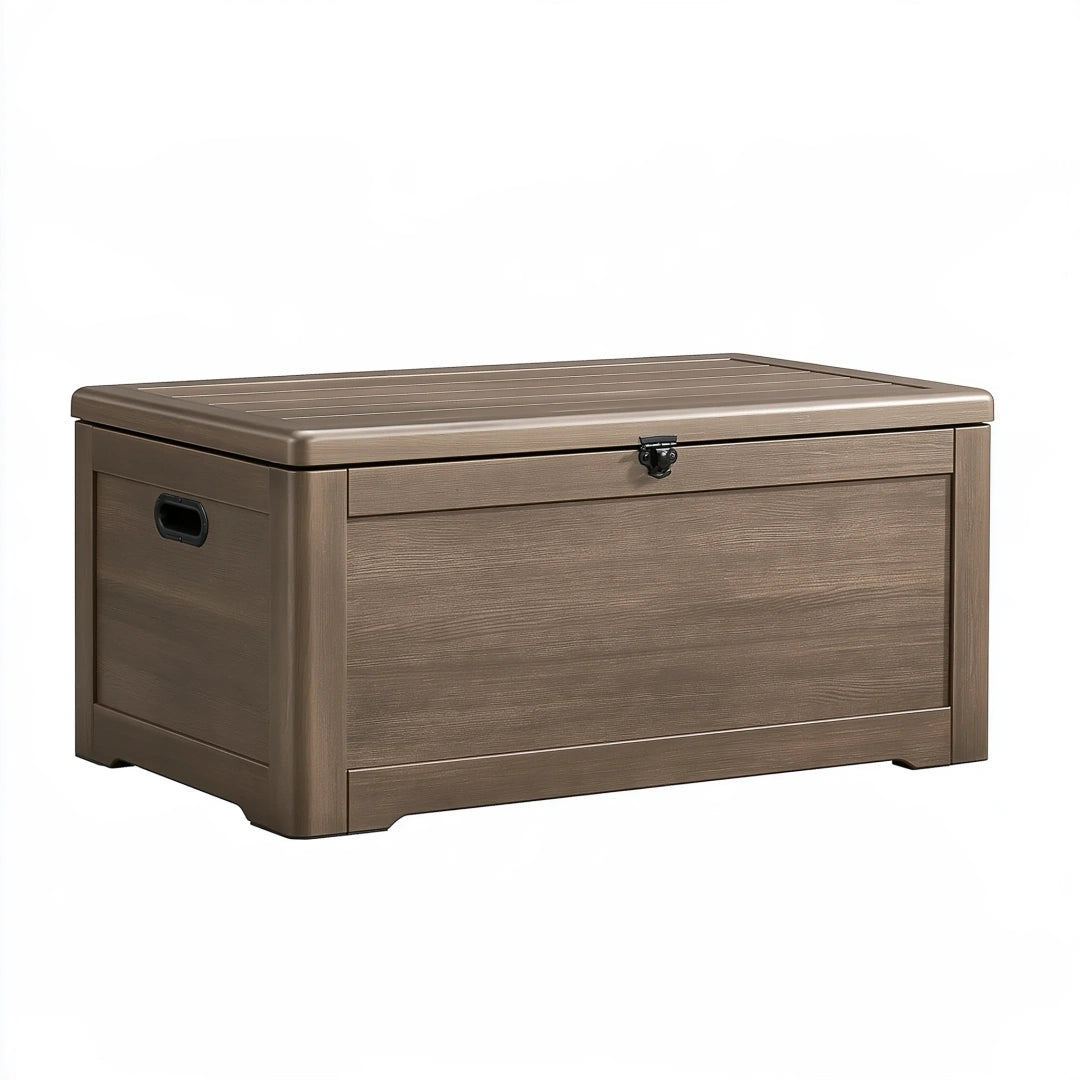 Cassapanca da esterno 117 x 56 x 64 cm in resina marrone effetto legno con coperchio