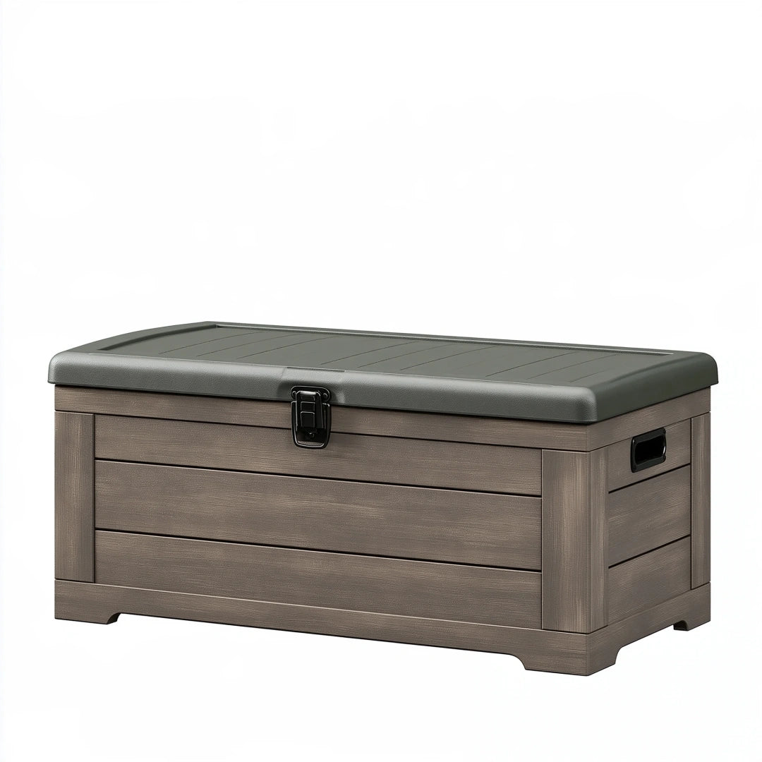 Baule da esterno 120 x 60 x 60 cm in resina marrone grigio con coperchio e chiusura