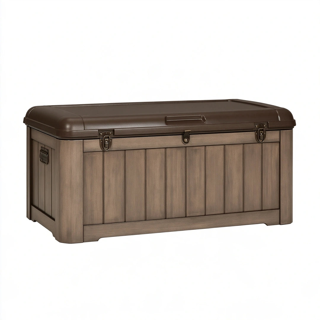 Cassapanca da esterno 120x55x60 cm in resina marrone effetto legno con coperchio