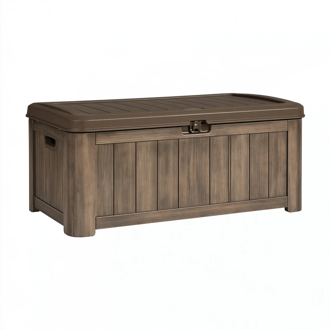 Cassapanca contenitore da esterno 120 x 56 x 63 cm in plastica marrone effetto legno con coperchio