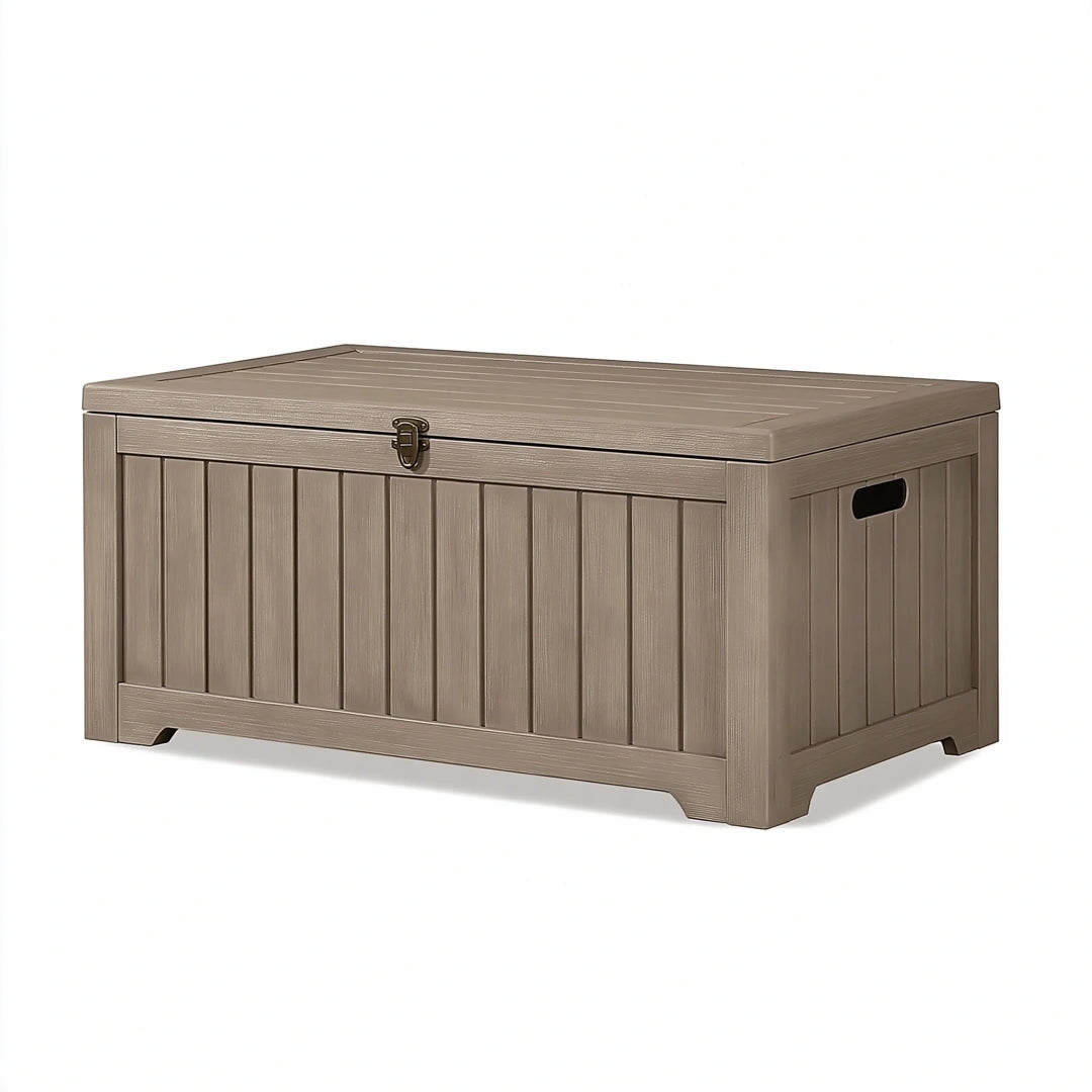 Baule da esterno 120 x 55 x 60 cm in resina tortora con coperchio e chiusura