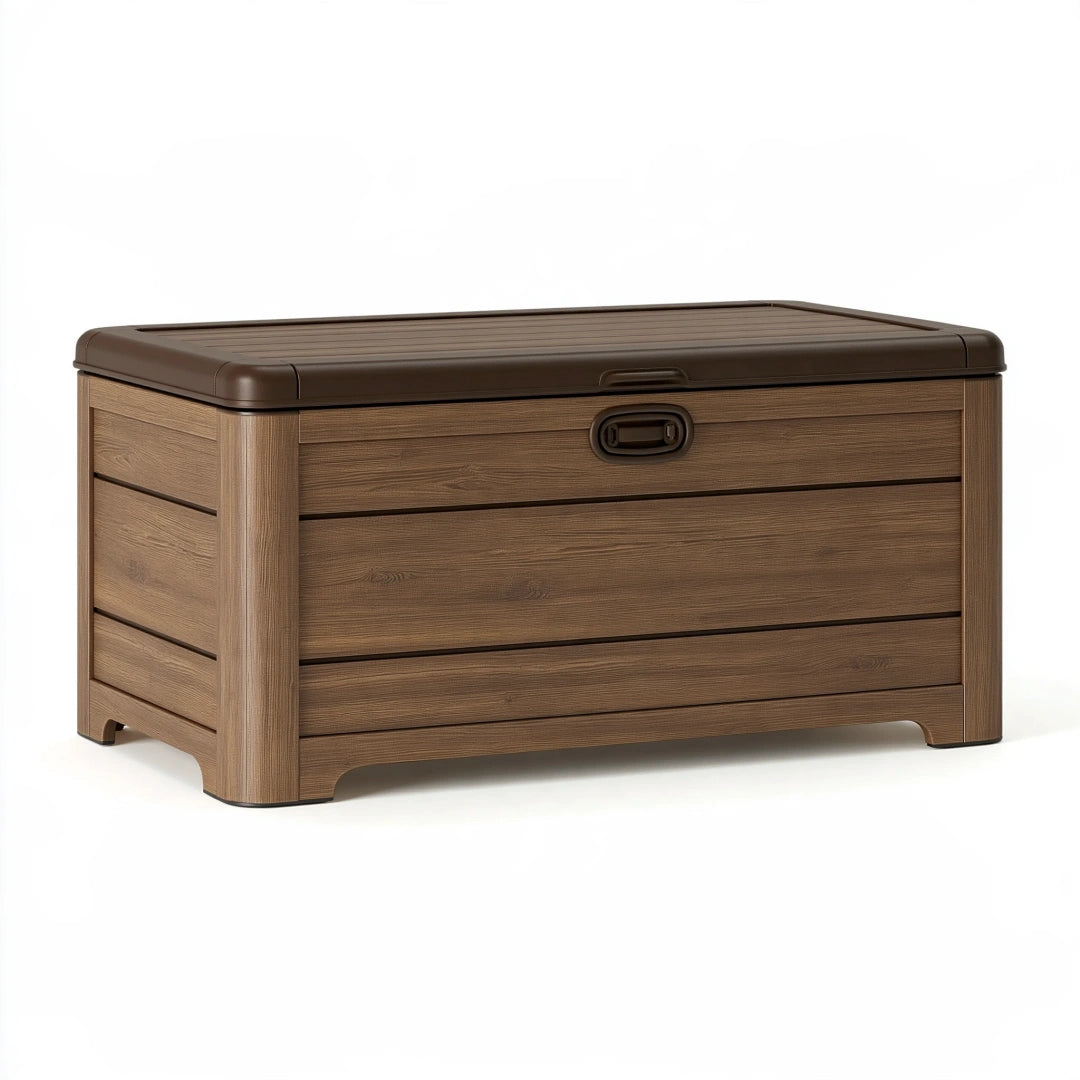 Cassapanca contenitore 120 x 55 x 60 cm in resina marrone effetto legno per esterno